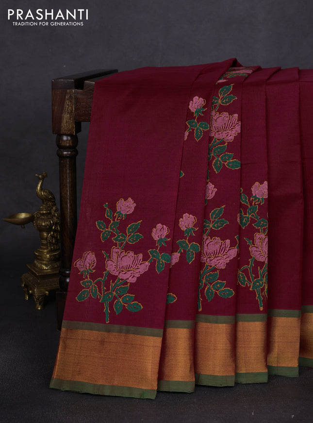 Silk cotton block printed saree maroon and green with floral prints and zari woven border