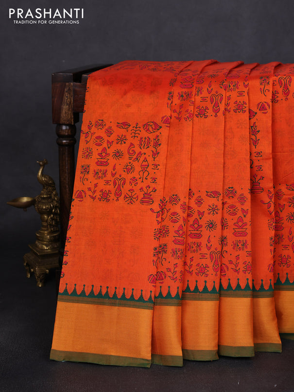 Silk cotton block printed saree orange and green with prints and zari woven border