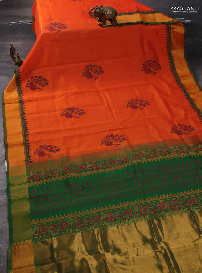 Silk cotton block printed saree orange and green with prints and zari woven border