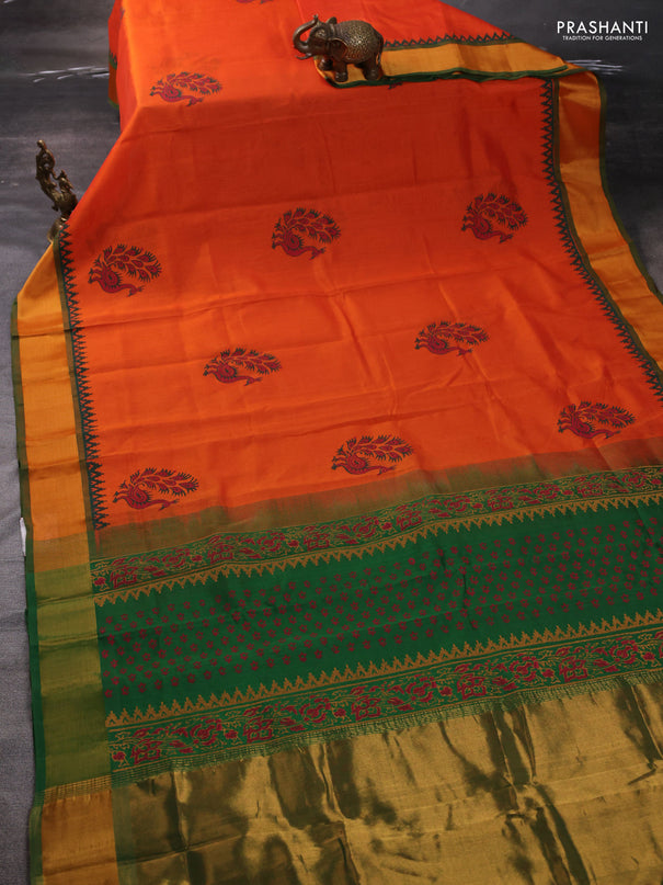 Silk cotton block printed saree orange and green with prints and zari woven border