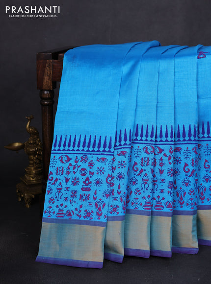 Silk cotton block printed saree light blue and violet with butta prints and zari woven border