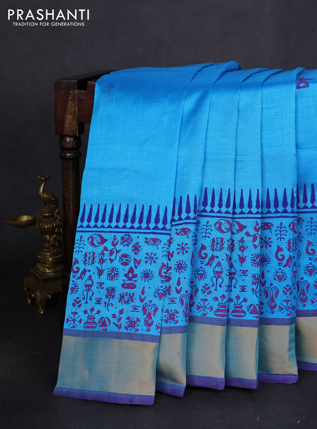 Silk cotton block printed saree light blue and violet with butta prints and zari woven border