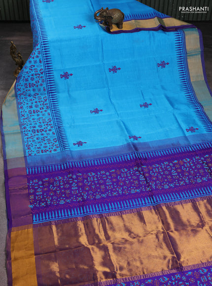 Silk cotton block printed saree light blue and violet with butta prints and zari woven border