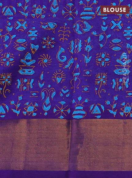 Silk cotton block printed saree light blue and violet with butta prints and zari woven border