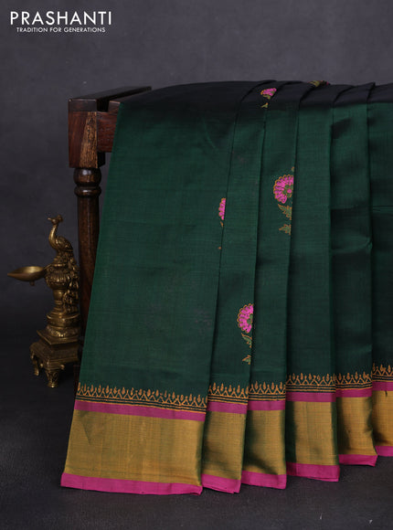 Silk cotton block printed saree bottle green and pink with floral butta prints and zari woven border