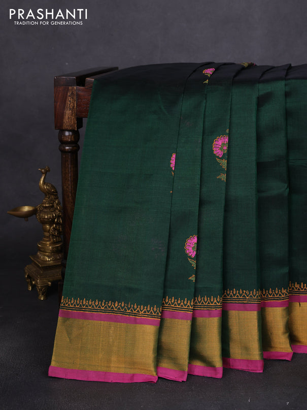 Silk cotton block printed saree bottle green and pink with floral butta prints and zari woven border