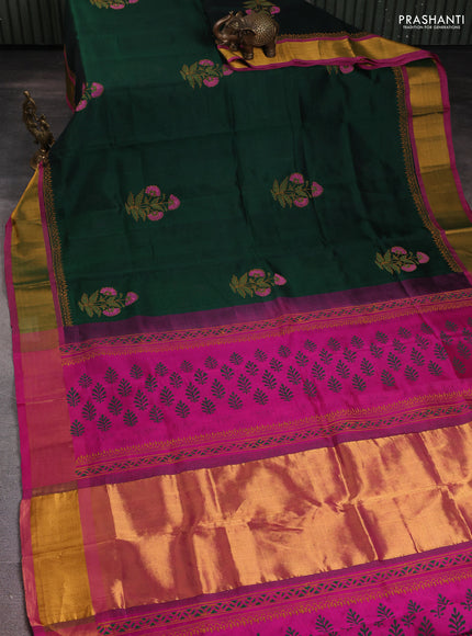 Silk cotton block printed saree bottle green and pink with floral butta prints and zari woven border