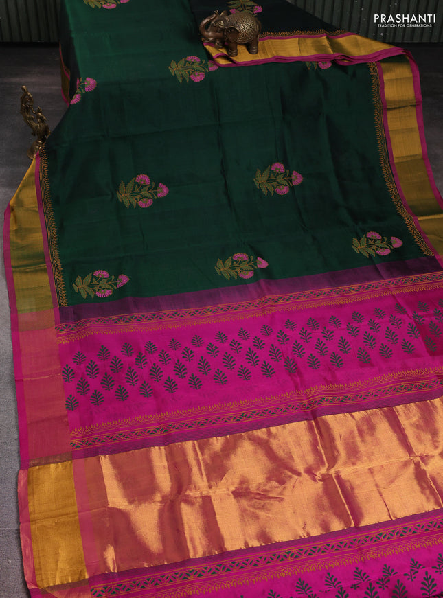Silk cotton block printed saree bottle green and pink with floral butta prints and zari woven border