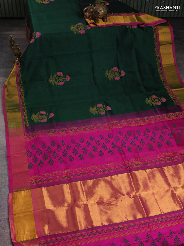 Silk cotton block printed saree bottle green and pink with floral butta prints and zari woven border