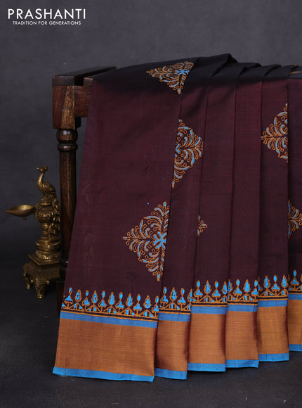 Silk cotton block printed saree coffee brown and cs blue with butta prints and zari woven border