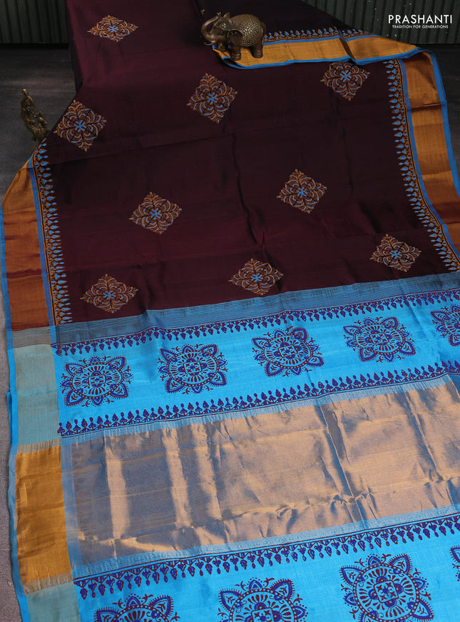 Silk cotton block printed saree coffee brown and cs blue with butta prints and zari woven border