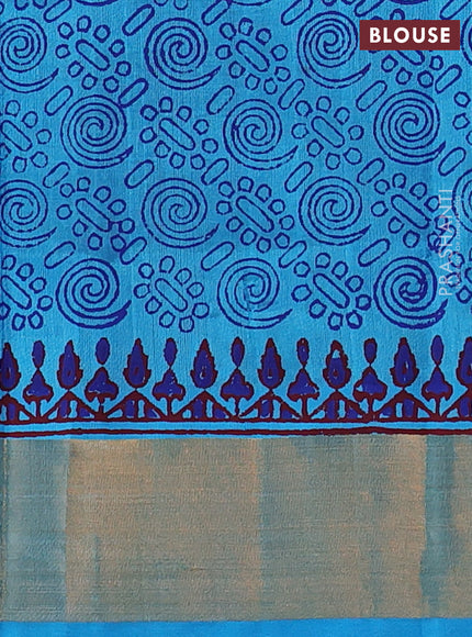 Silk cotton block printed saree coffee brown and cs blue with butta prints and zari woven border