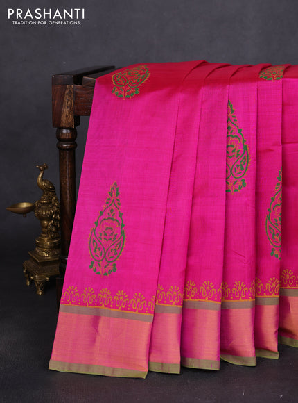 Silk cotton block printed saree pink and light green with butta prints and zari woven border