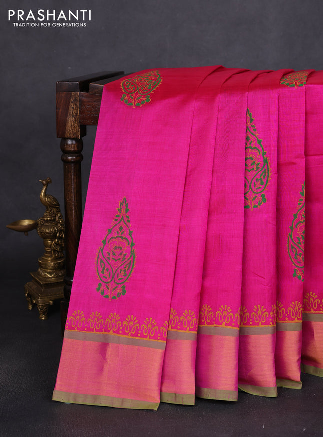 Silk cotton block printed saree pink and light green with butta prints and zari woven border