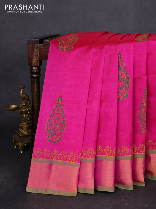 Silk cotton block printed saree pink and light green with butta prints and zari woven border