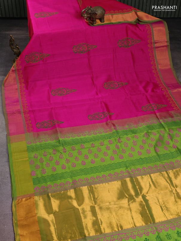 Silk cotton block printed saree pink and light green with butta prints and zari woven border