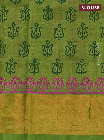 Silk cotton block printed saree pink and light green with butta prints and zari woven border