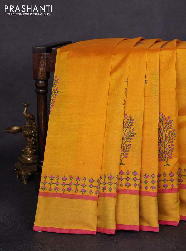 Silk cotton block printed saree mango yellow and pink with butta prints and zari woven border