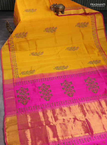 Silk cotton block printed saree mango yellow and pink with butta prints and zari woven border