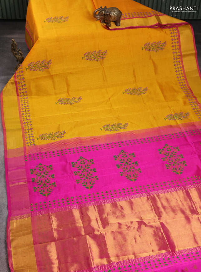 Silk cotton block printed saree mango yellow and pink with butta prints and zari woven border