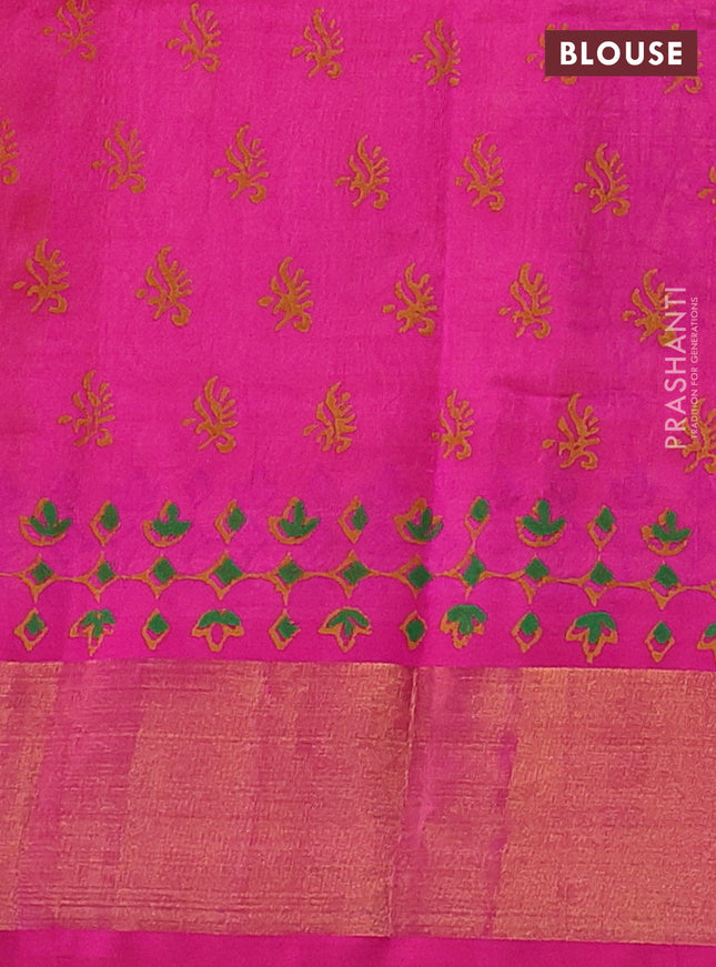 Silk cotton block printed saree mango yellow and pink with butta prints and zari woven border