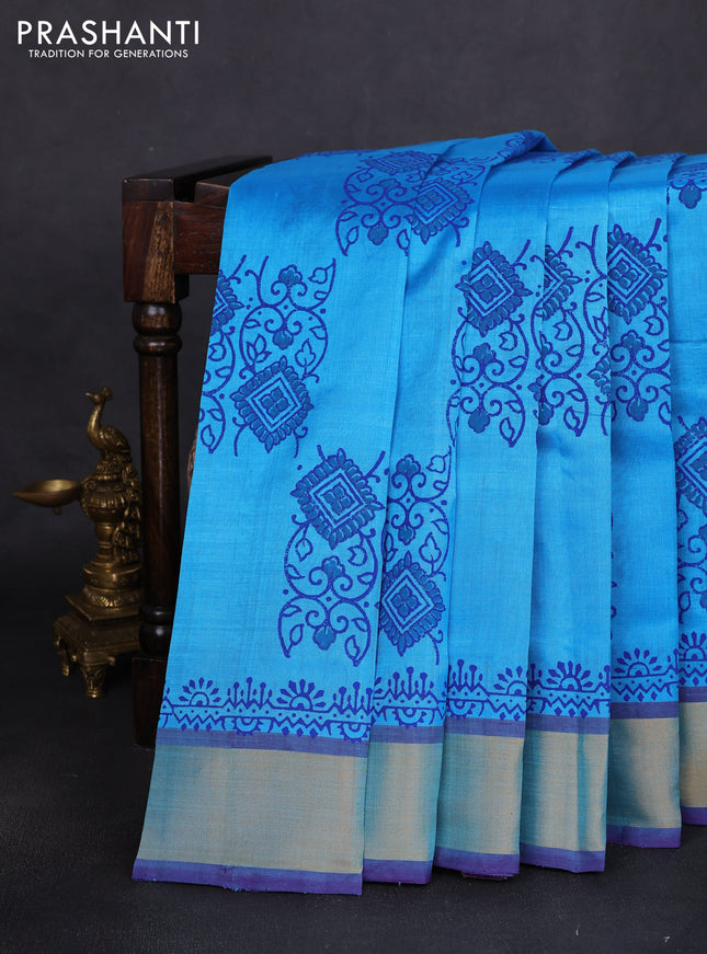 Silk cotton block printed saree light blue and violet with prints and zari woven border