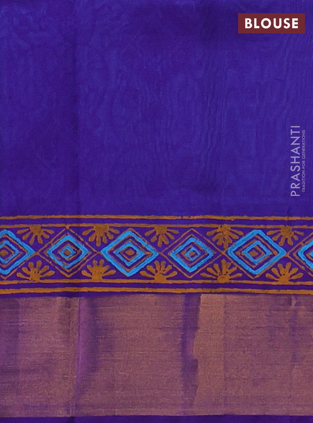 Silk cotton block printed saree light blue and violet with prints and zari woven border