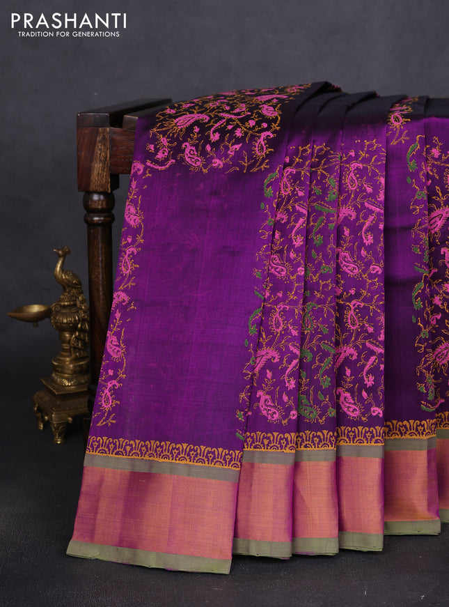 Silk cotton block printed saree purple and light green with prints and zari woven border