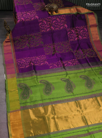 Silk cotton block printed saree purple and light green with prints and zari woven border