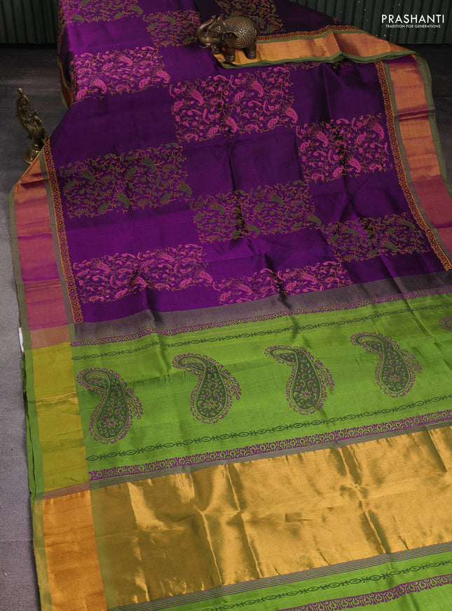 Silk cotton block printed saree purple and light green with prints and zari woven border