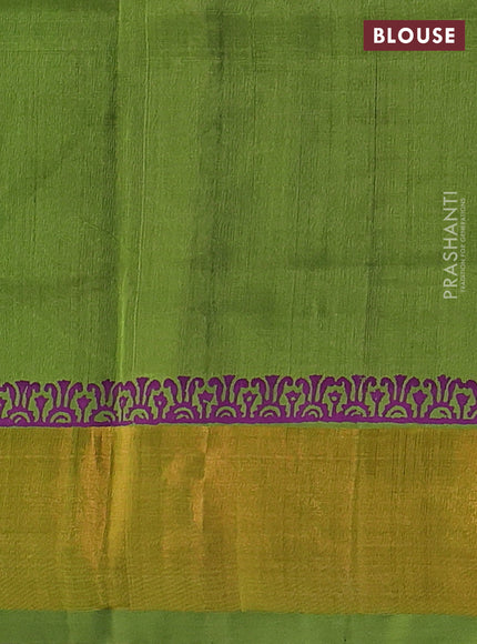 Silk cotton block printed saree purple and light green with prints and zari woven border
