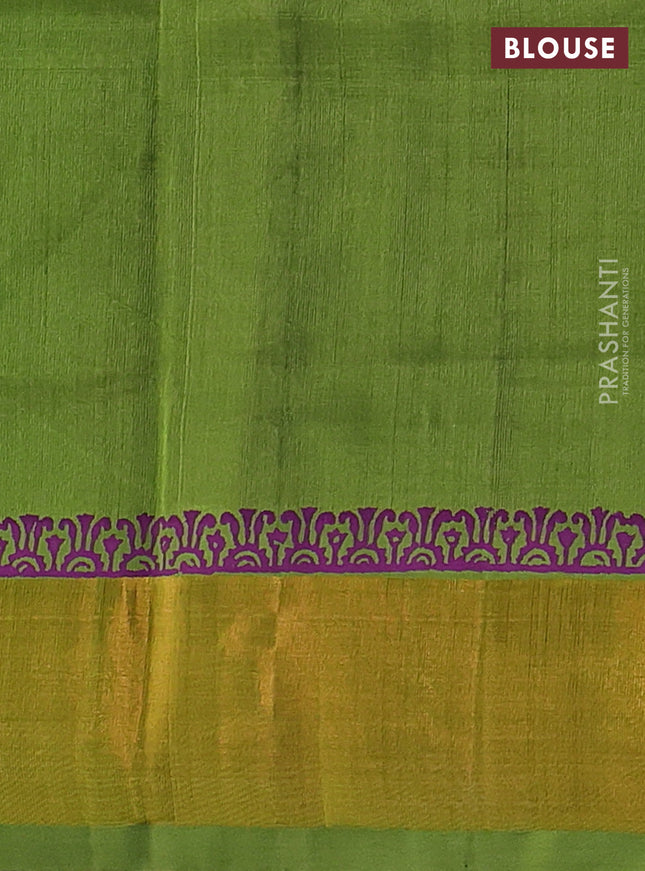 Silk cotton block printed saree purple and light green with prints and zari woven border