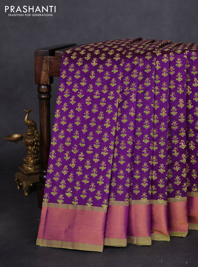 Silk cotton block printed saree purple and light green with allover butta prints and zari woven border