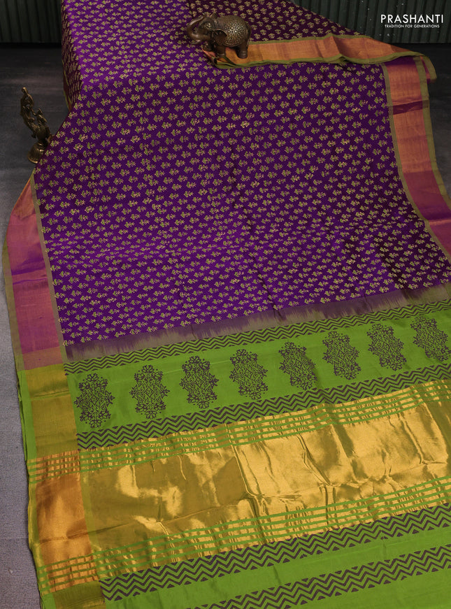 Silk cotton block printed saree purple and light green with allover butta prints and zari woven border