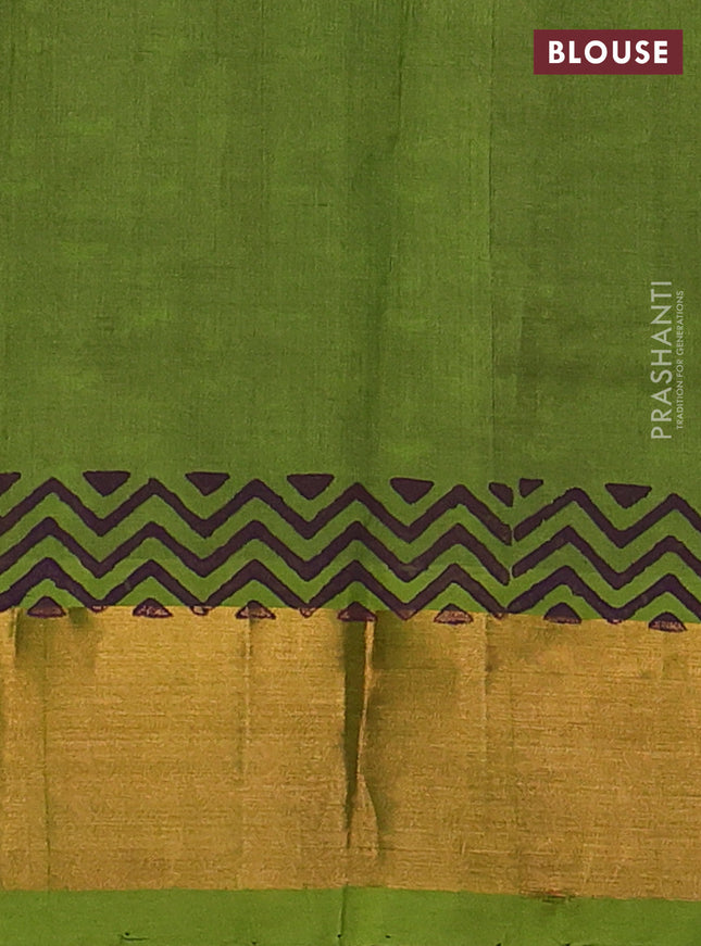 Silk cotton block printed saree purple and light green with allover butta prints and zari woven border