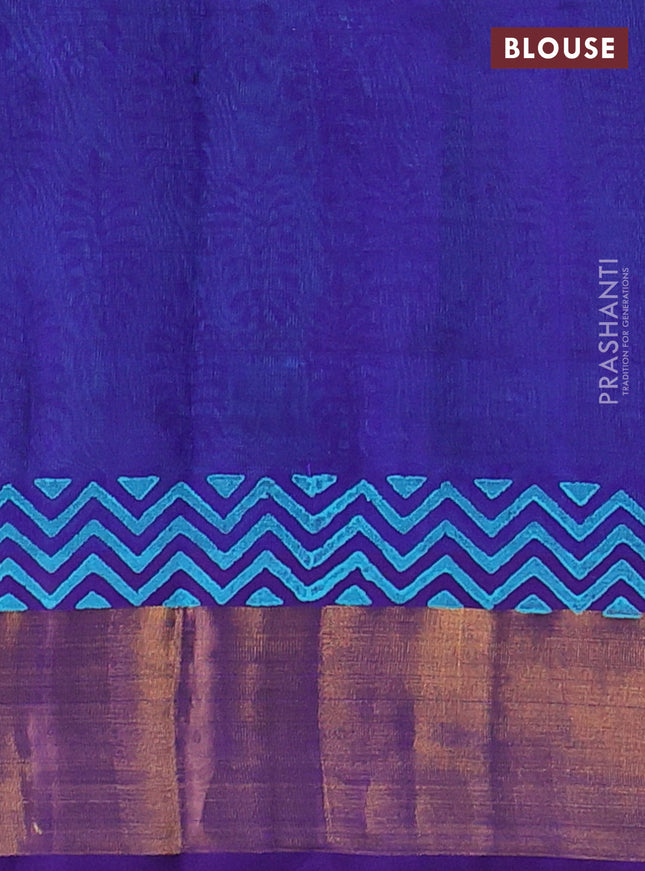 Silk cotton block printed saree teal blue and violet with allover butta prints and zari woven border