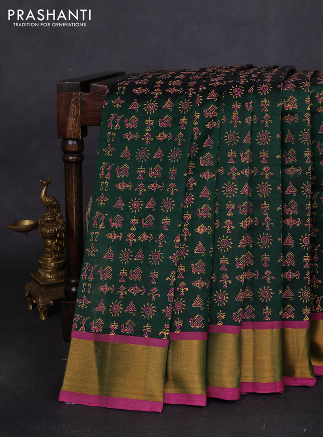 Silk cotton block printed saree bottle green and pink with allover prints and zari woven border