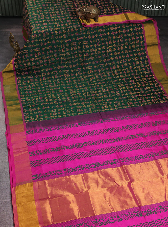 Silk cotton block printed saree bottle green and pink with allover prints and zari woven border