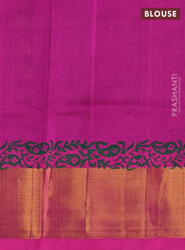 Silk cotton block printed saree bottle green and pink with allover prints and zari woven border