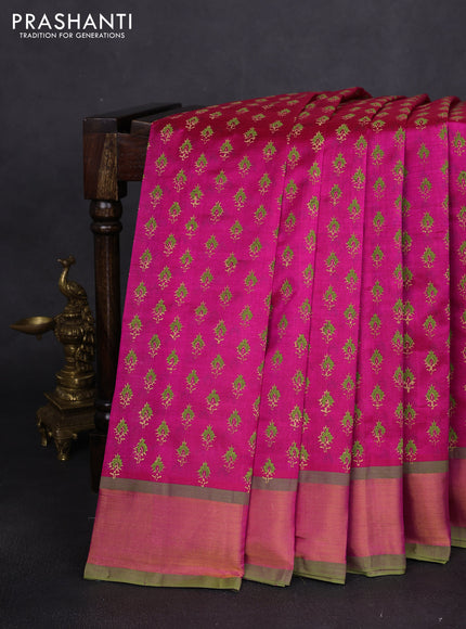 Silk cotton block printed saree pink and light green with allover butta prints and zari woven border