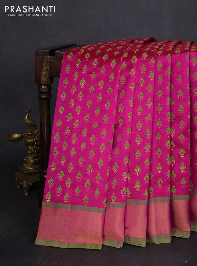 Silk cotton block printed saree pink and light green with allover butta prints and zari woven border
