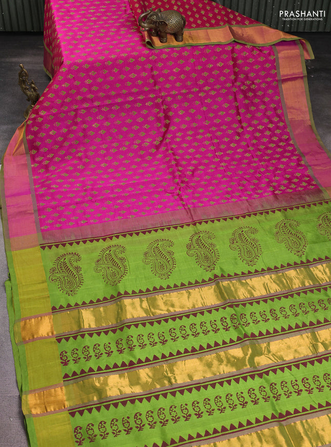 Silk cotton block printed saree pink and light green with allover butta prints and zari woven border