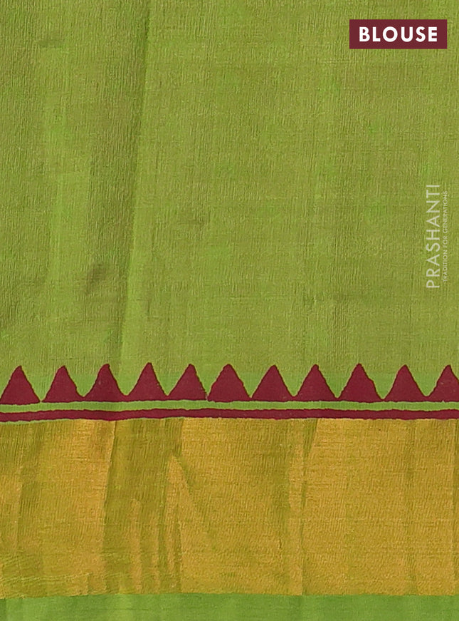 Silk cotton block printed saree pink and light green with allover butta prints and zari woven border