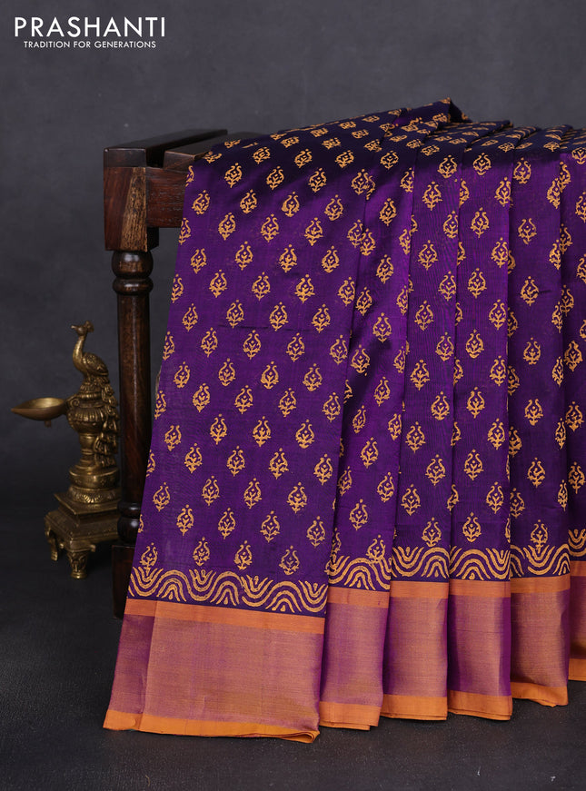 Silk cotton block printed saree purple and mustard yellow with allover butta prints and zari woven border