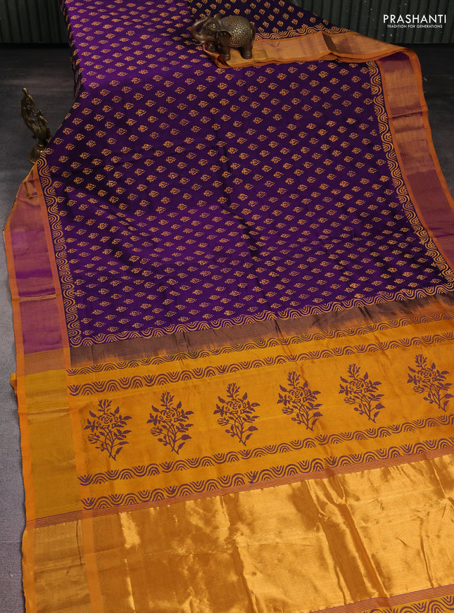 Silk cotton block printed saree purple and mustard yellow with allover butta prints and zari woven border