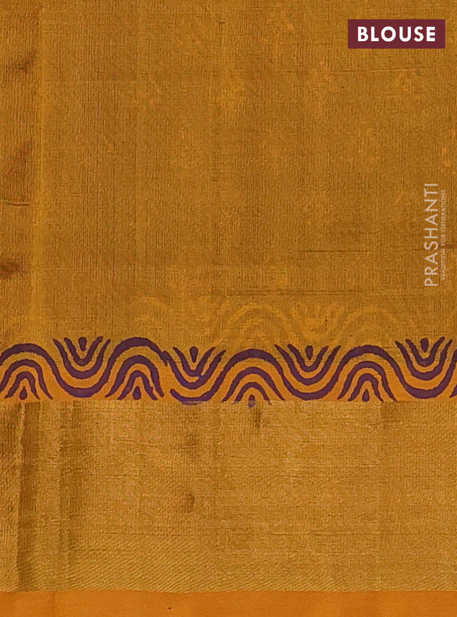Silk cotton block printed saree purple and mustard yellow with allover butta prints and zari woven border