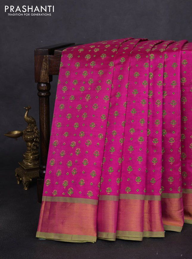 Silk cotton block printed saree pink and light green with allover butta prints and zari woven border