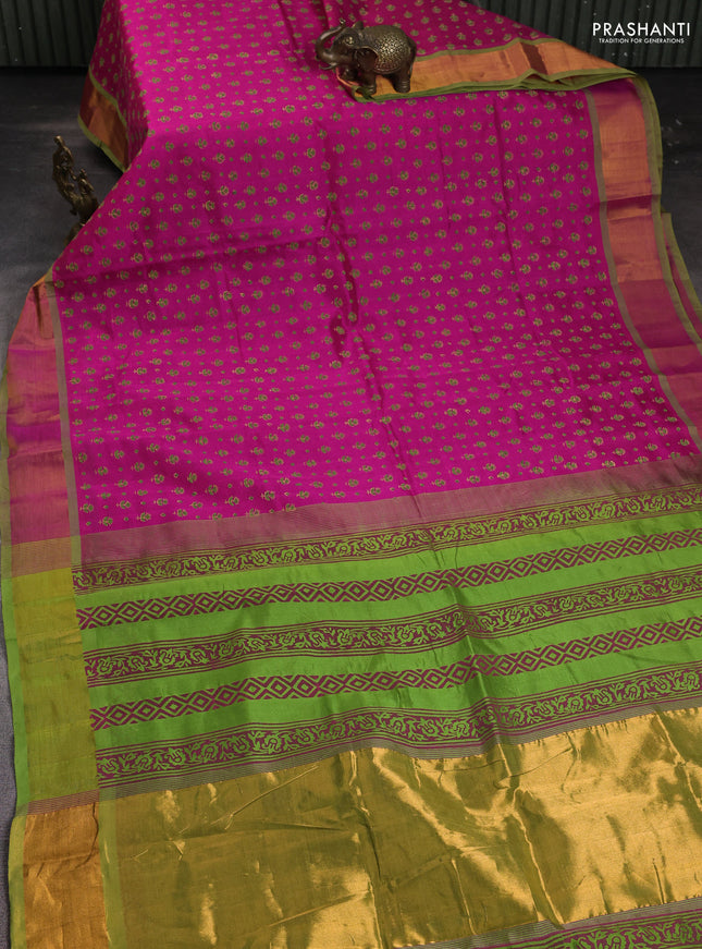 Silk cotton block printed saree pink and light green with allover butta prints and zari woven border