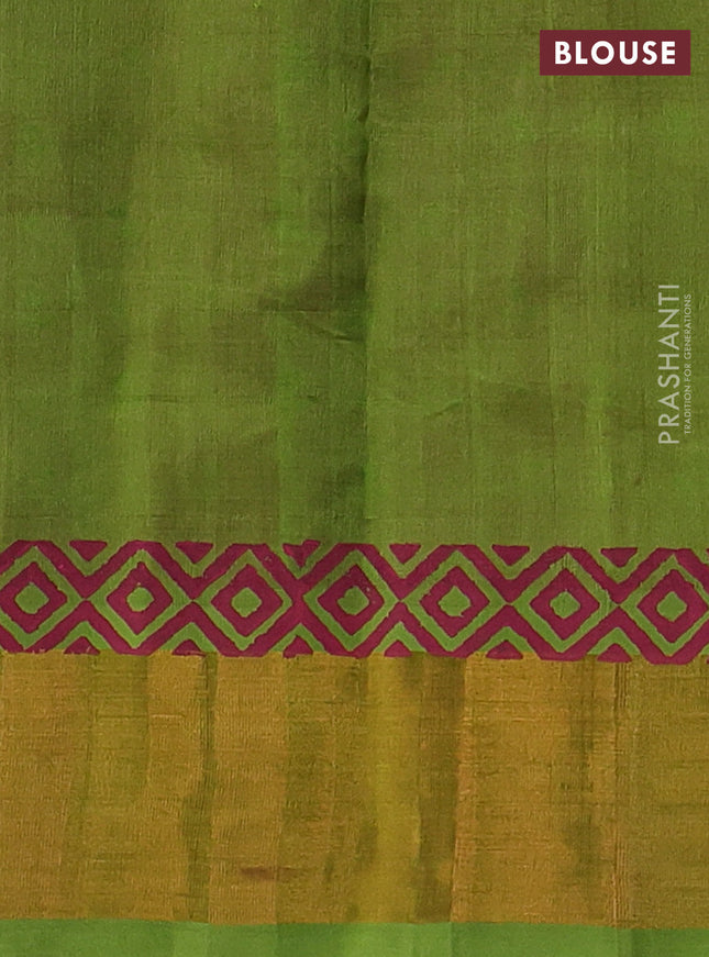 Silk cotton block printed saree pink and light green with allover butta prints and zari woven border