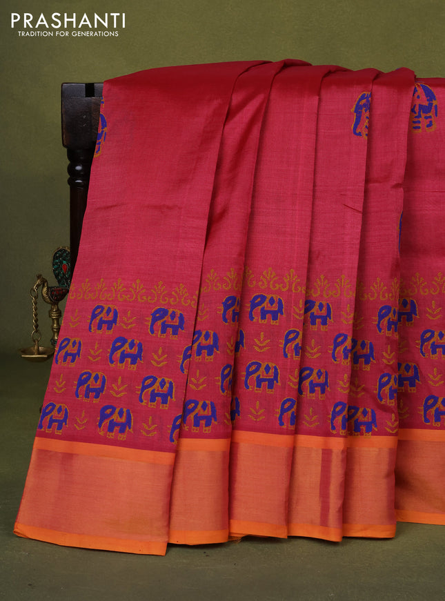 Silk cotton block printed saree pink shade and mango yellow with butta prints and zari woven border